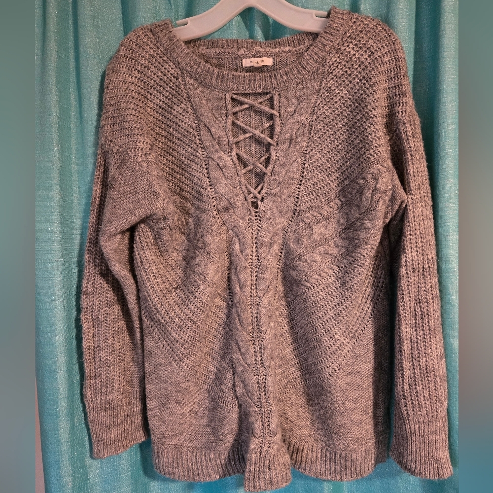Maurices Gray Lace-Up V-Neck Sweater